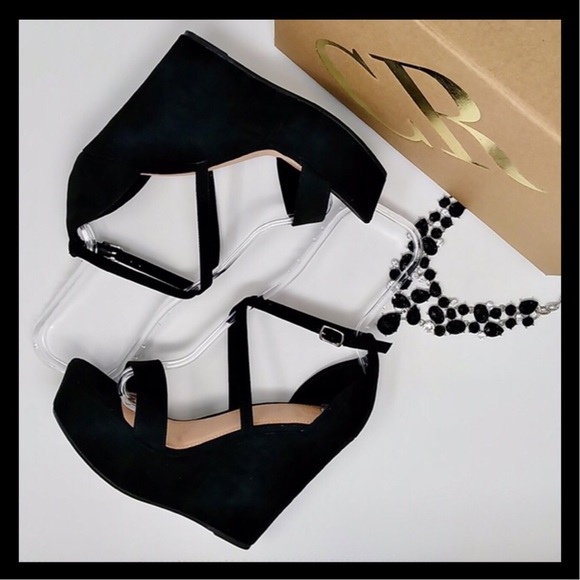Charlotte Russe Shoes - Black Crisscross Open Toe Wedges Vegan Suede